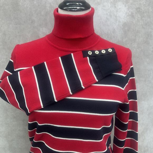 NWT Tommy Hilfiger Womens M Red Black White Striped Turtleneck Sweater Preppy - Picture 2 of 12